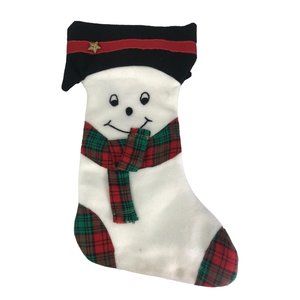 Handmade Snowman Christmas Stocking White Fleece Black Red Green Plaid